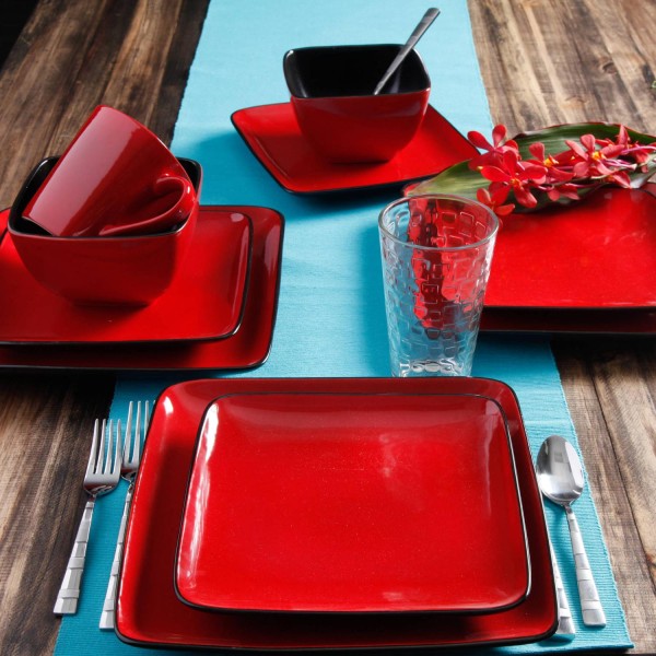 Square Dinnerware, Red, Set Of 16