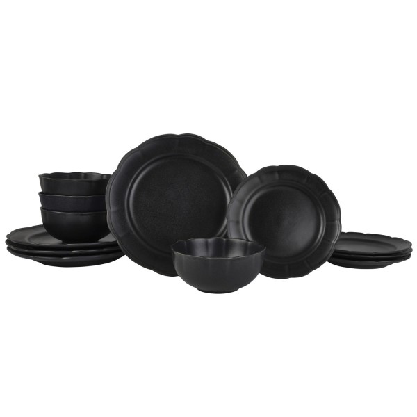 Beautiful Scallop Stoneware Dinnerware 12 Piece Set Black