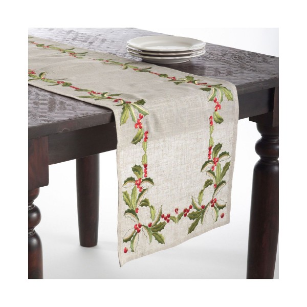 Embroidered Holly Design Holiday Linen Blend Table Runners