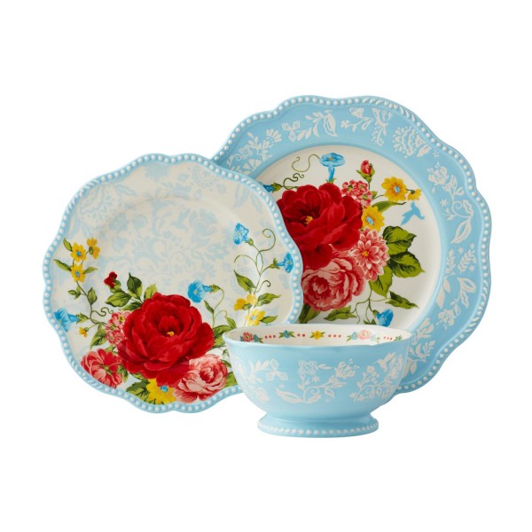 Sweet Rose Light Blue Stoneware 12-Piece Dinnerware Set