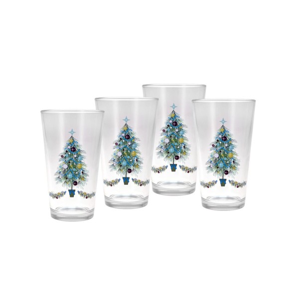 Blue Christmas Tree Tapered Cooler 4 Piece Glass Set, 16 oz