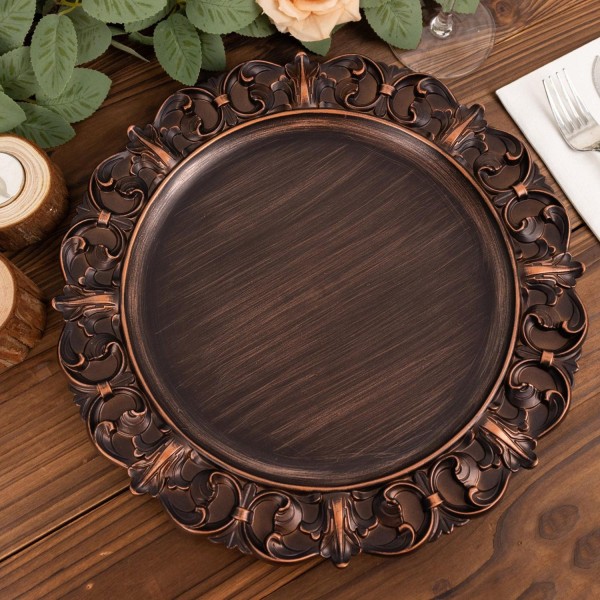 6 Dark Brown Plates Embossed Rim Party Events Tableware